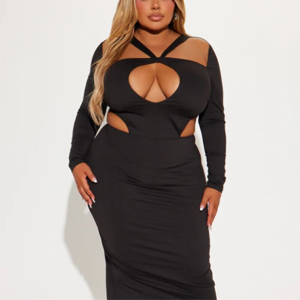 Oh Polly Dress Womens 14 Black Premium Jersey Cutout Long Sleeve Bodycon Maxi